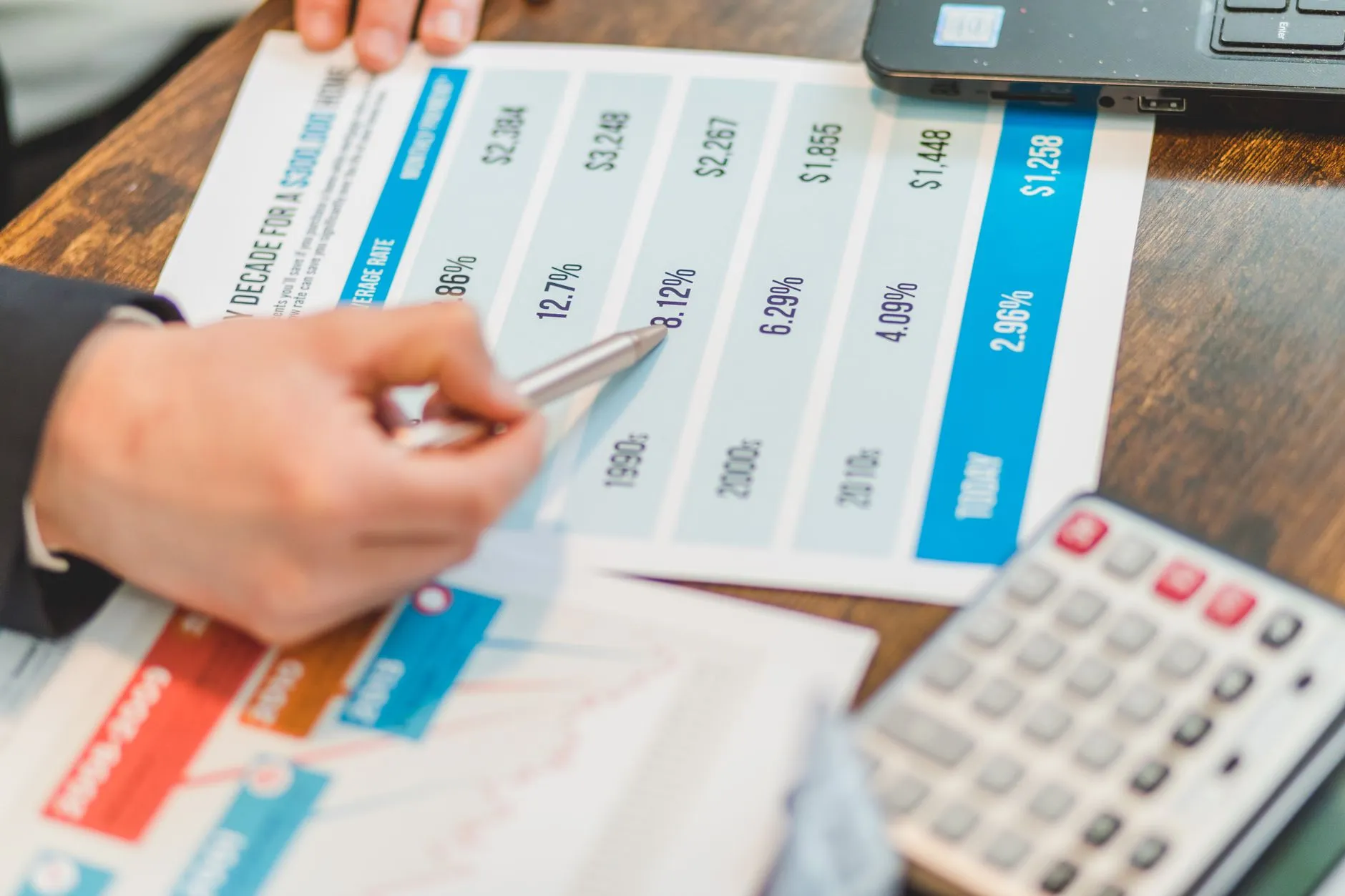 Mão analisando uma tabela de percentuais com calculadora ao lado